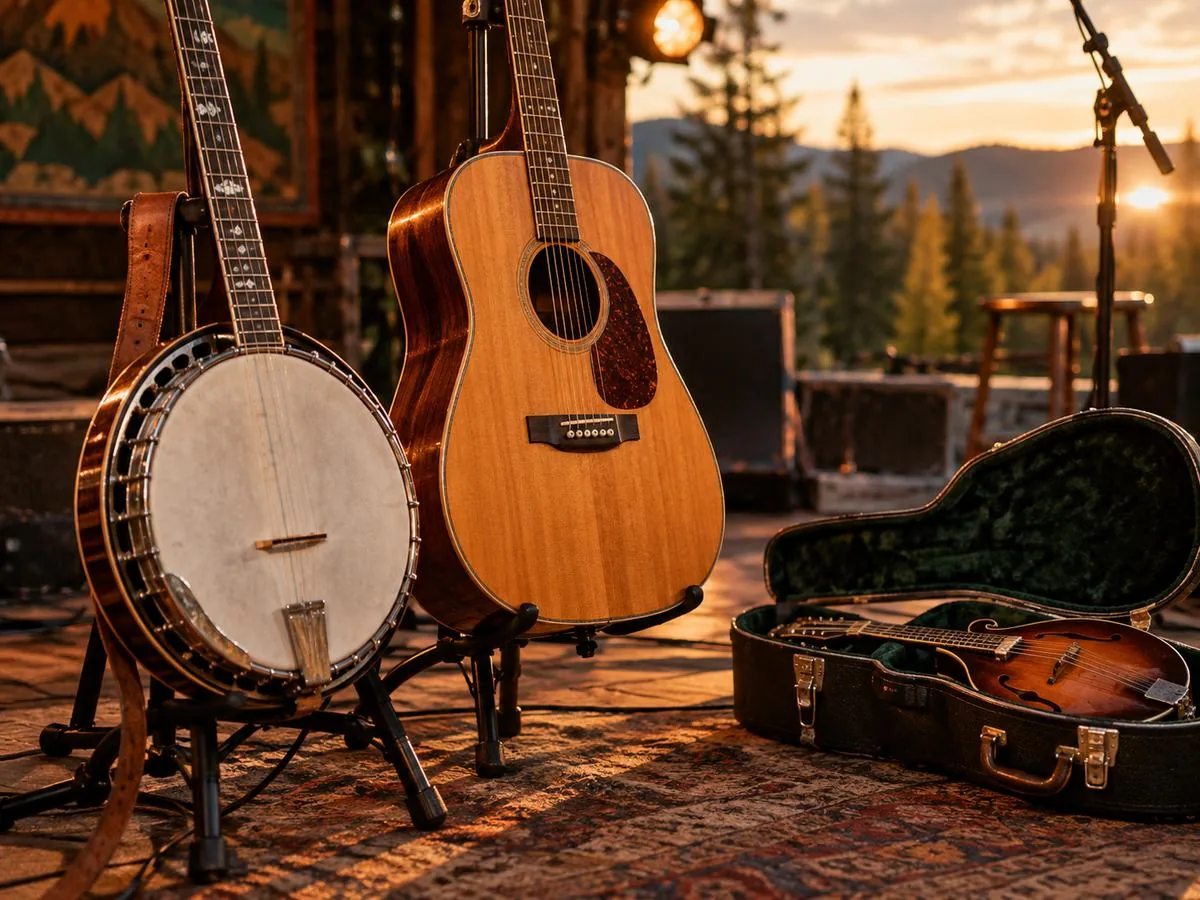 A banjo and acoustic guitar on stands before a folk show