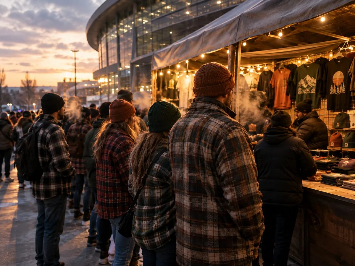 Fans in flannel queuing at a merch stand outside an arena