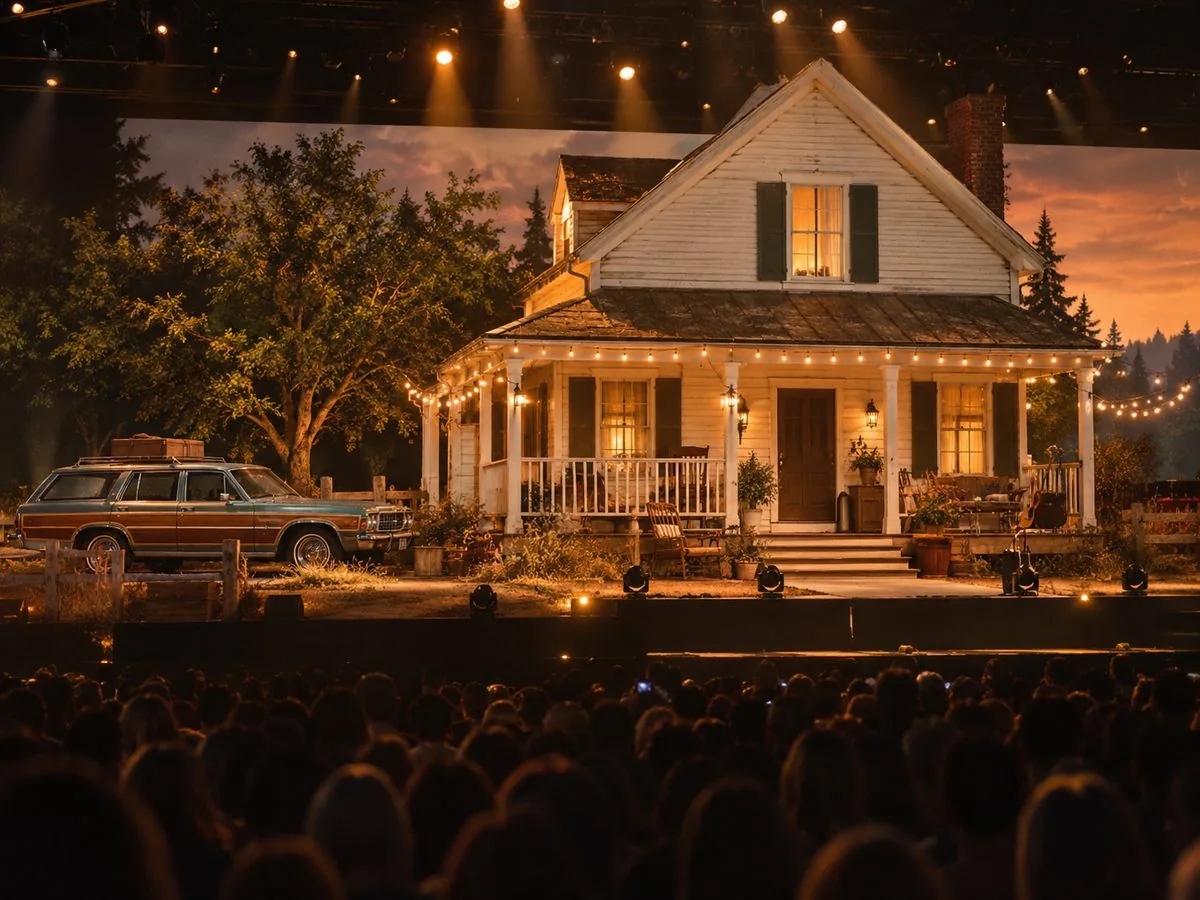 A farmhouse stage with a front porch and an old station wagon, like the Great Divide set