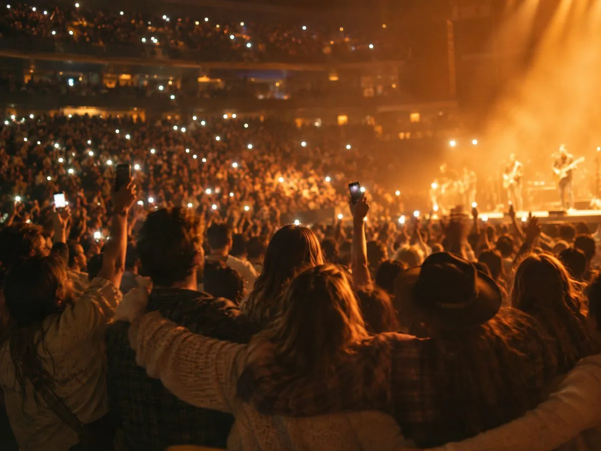 An arena crowd singing along with phone lights raised