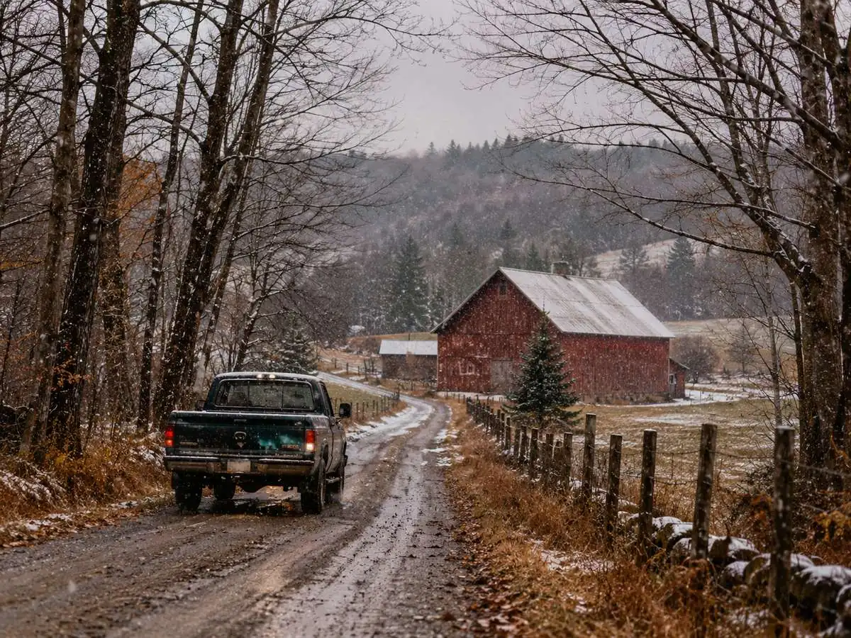 Bare trees and a red barn on a Vermont back road in stick season